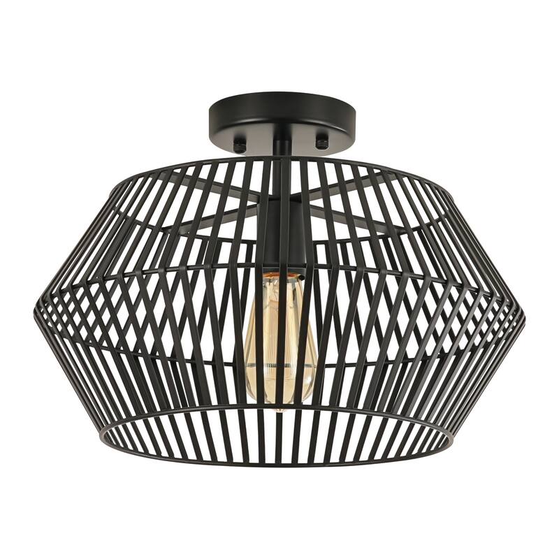 1-Light Industrial Black Iron Semi-Flush Mount Ceiling Light with Drum Shade - 15.75 in. W x 10.6 in. H x 15.75 in. D
