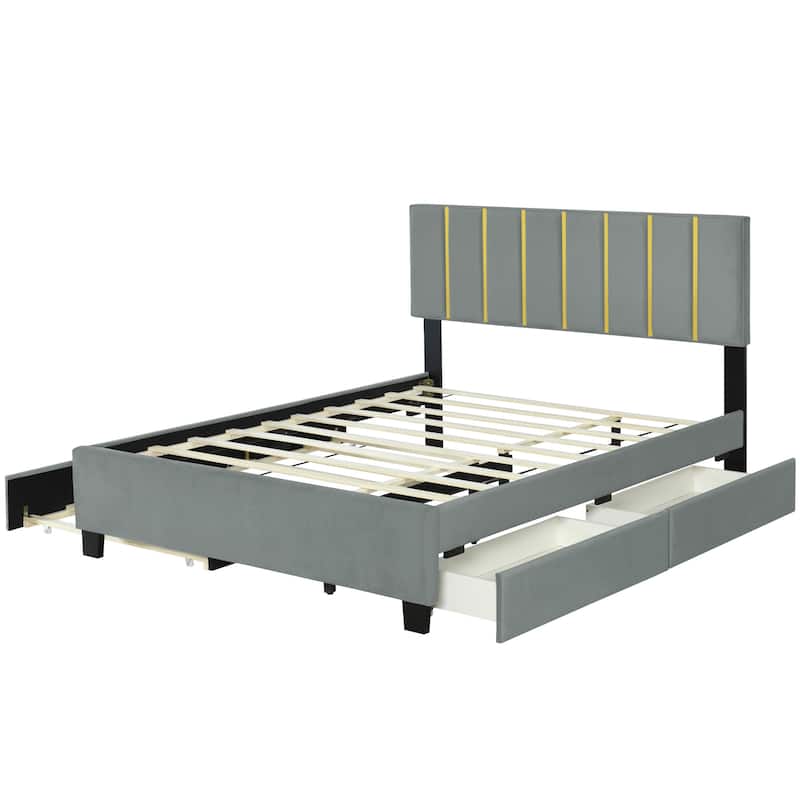 HomeRoots Gray Tufted Velvet Upholstered Queen Bed Frame With Trundle And Drawers
