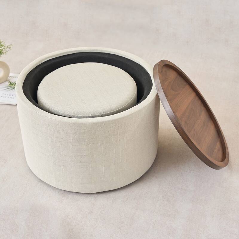 22.75" Linen Upholstered Round Nesting Storage Ottoman