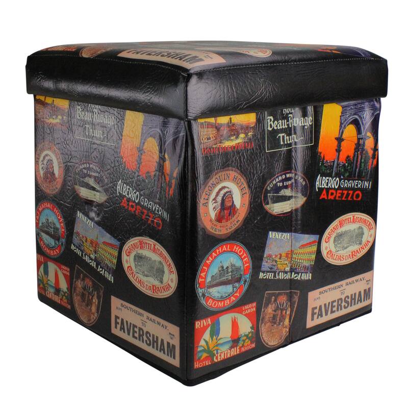 15"Brown Travel Stickers Collapsible Wooden Storage Ottoman