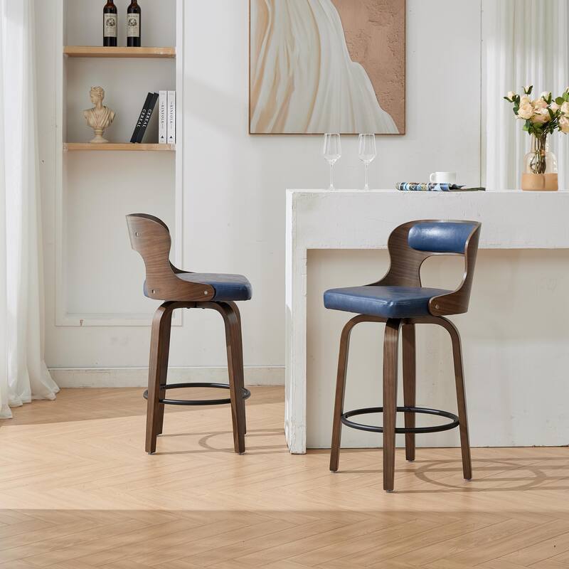 SEYNAR PU Leather 360 Degree Swivel Open Back Bar Stools Wood Legs Set of 2