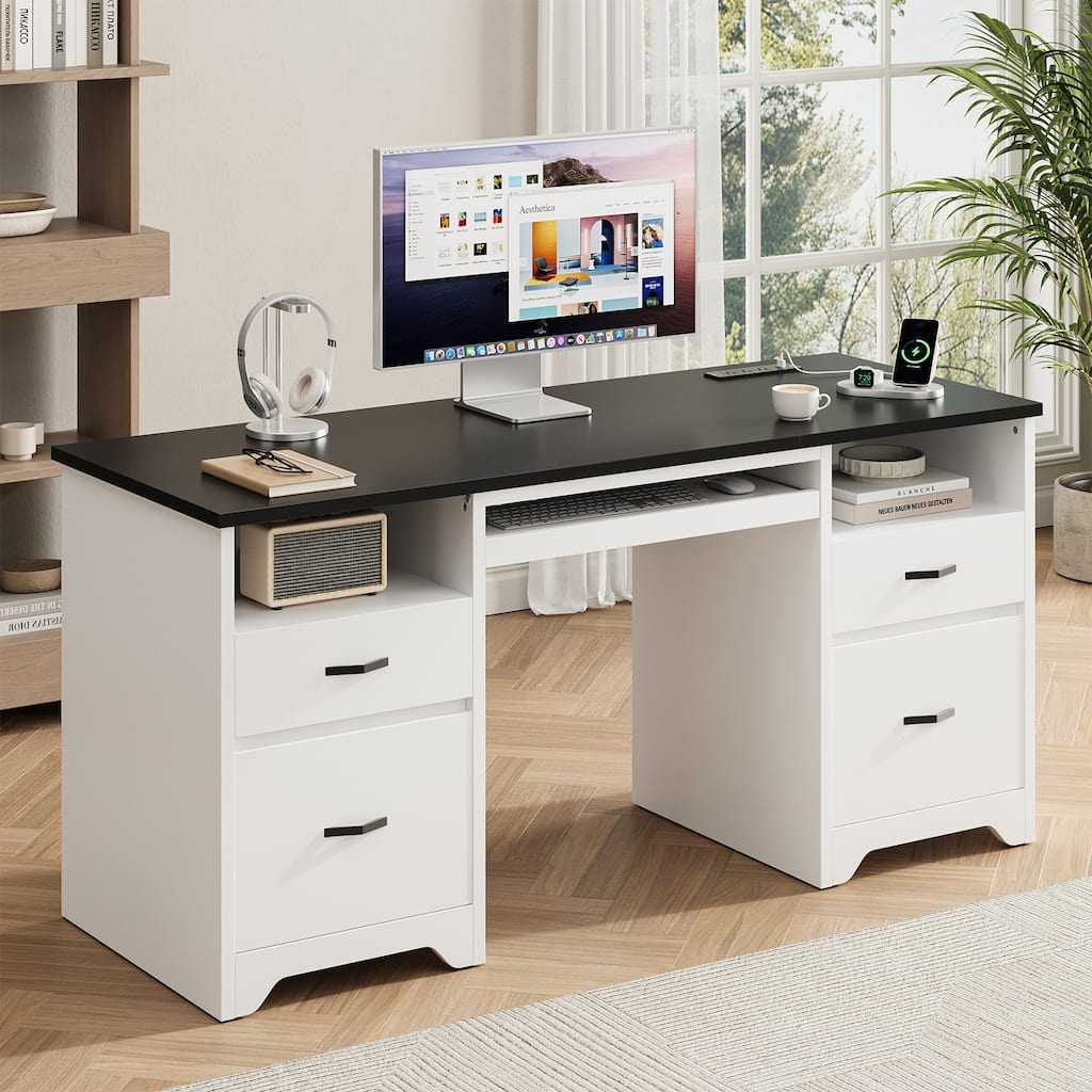 Bestier 59" Computer Desk with Drawers and Power Outlet andKeyboard Tray