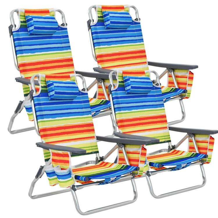 4-Pack 5-Position Outdoor Folding Backpack Beach Reclining Chair with Pillow - 23.5" – 40" x 27" x 33" – 11" (L x W x H)