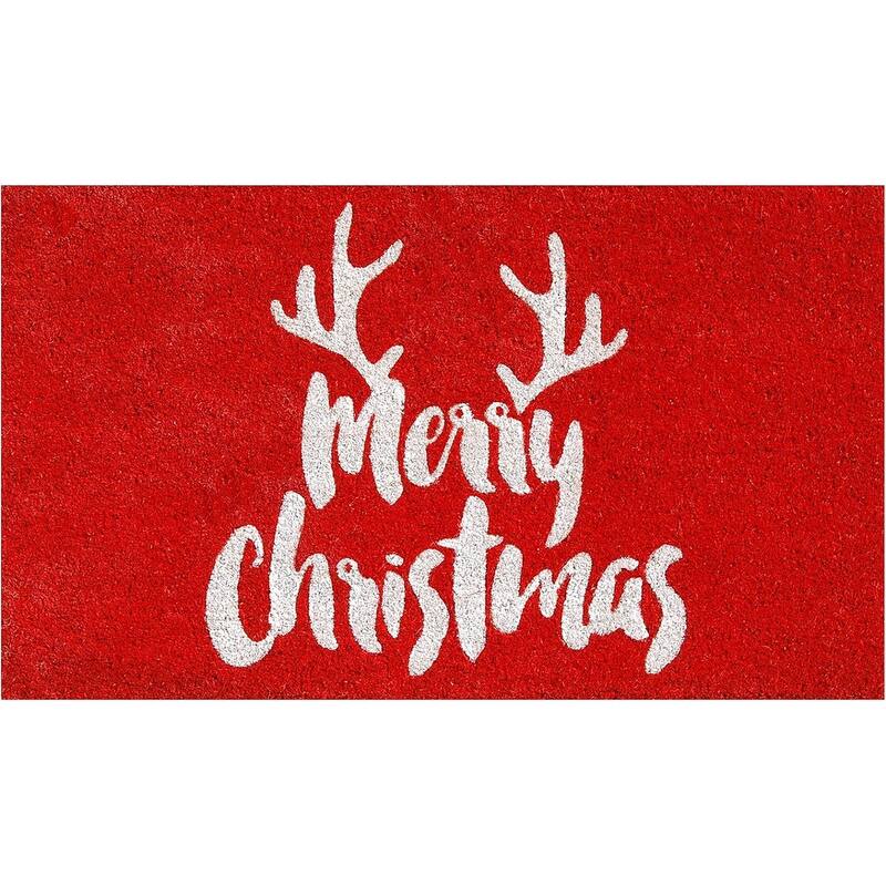 HomeRoots 17" X 29" Red And White Coir Reindeer Outdoor Christmas Door Mat - 17' X '29