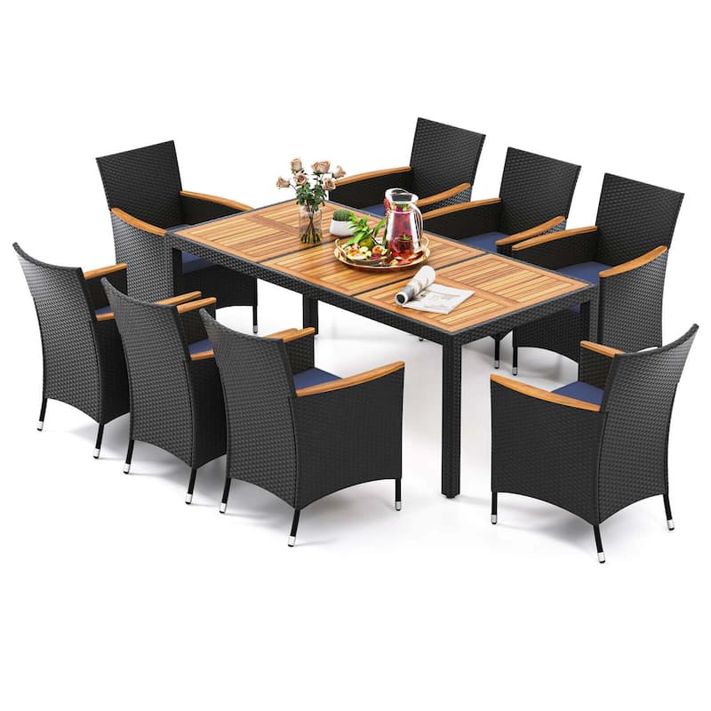 Costway 9 PCS Outdoor Dining Set with Acacia Wood Tabletop, Umbrella