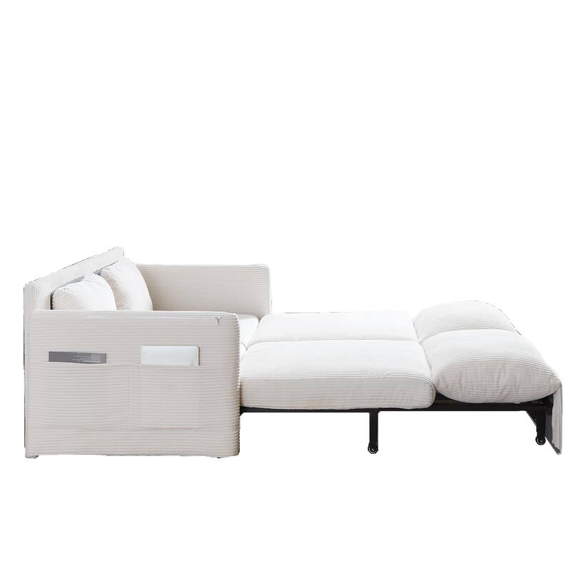 65" Corduroy 2-Seater Sleeper Sofa, 3-in-1 with Storage and Side Pocket