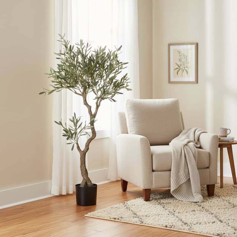 Evergreen 60-inch Faux Olive Tree in Black Nursery Pot with Realistic Leaves and Natural-Look Trunk - Green