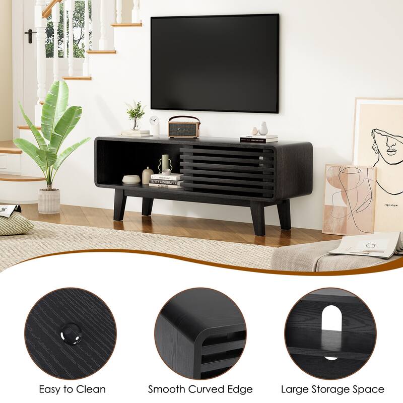 TV Stand for TV Up to 59 Inch, Entertainment Center with Storage Cabinet and Sliding Door, Mid-Modern Century Console Table