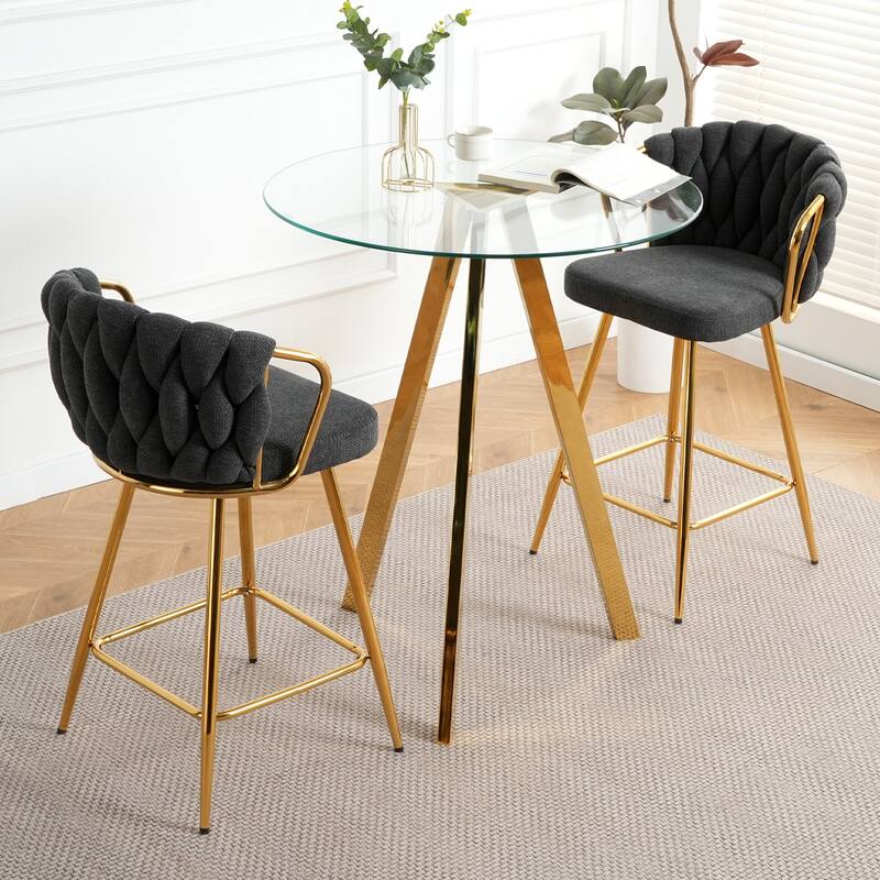 Stylish cotton and linen design, -plated metal legs, round tempered glass countertop, bar chair cover(set of 3)