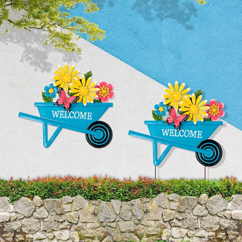 Glitzhome Easter Metal Wheel Barrow Garden Cart Yard Stake Spring Outdoor Decor