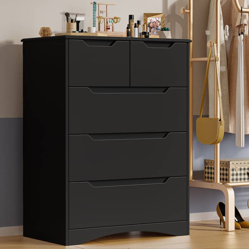 3/4/5/6 Drawer Dresser, Chest of Drawers with Large Storage, Tall Dresser and Organizer Wooden Cabinet - Black - 5-drawer
