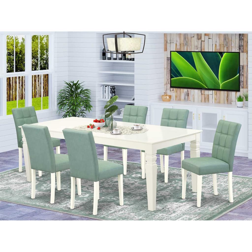 7 Piece Dining Set - Rectangle Table with 6 Chairs - Linen White & Willow Green