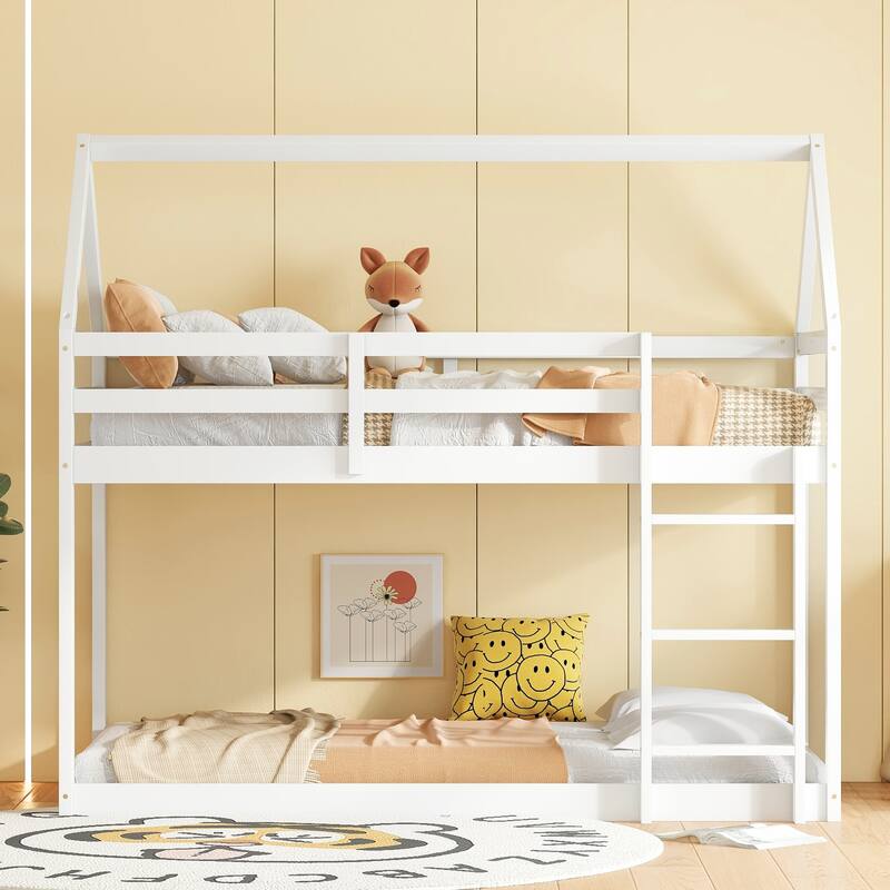 House-Themed Wooden Bunk Bed with Roof, Guardrails & Low Ladder for Twin Size Mattress - White