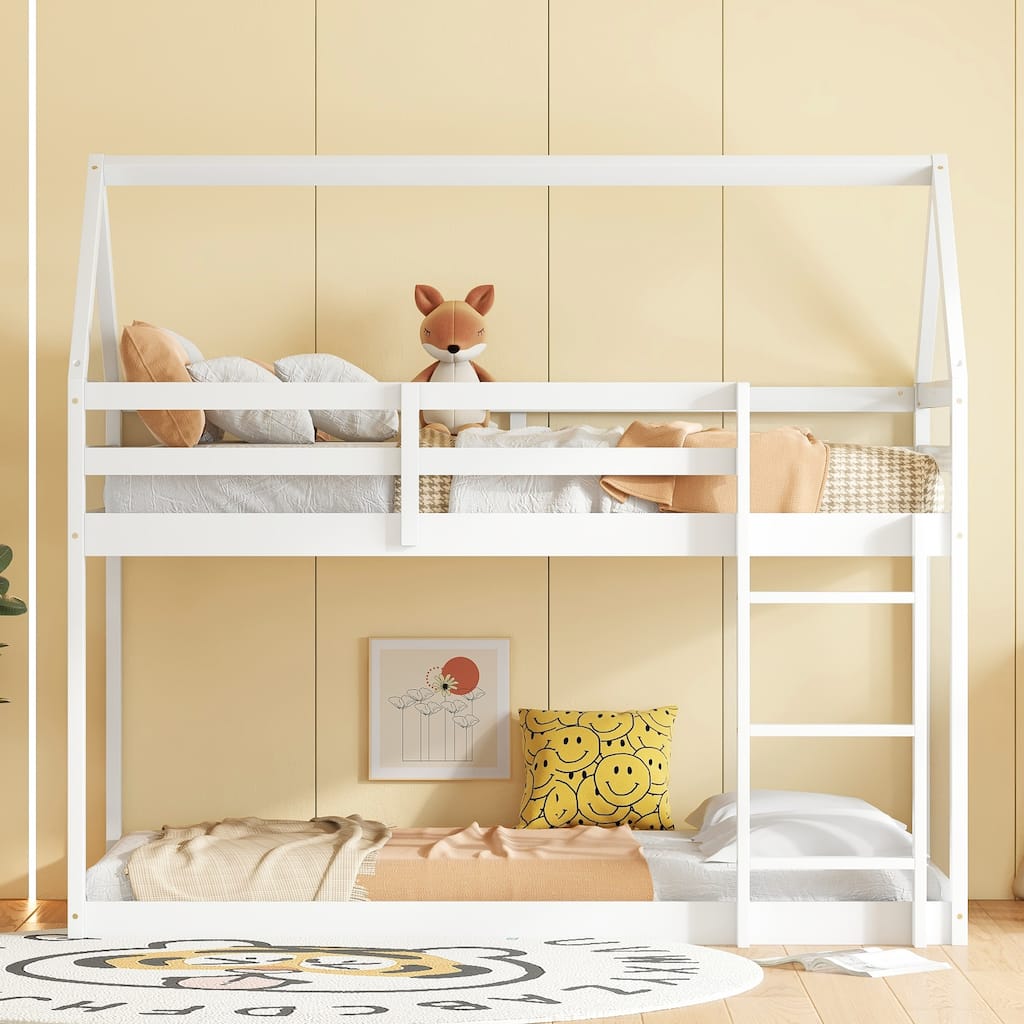 Twin over Twin Rubber Wood Floor Bunk Bed, with ladder, Guardrails, House-Shaped-Bunk Bed