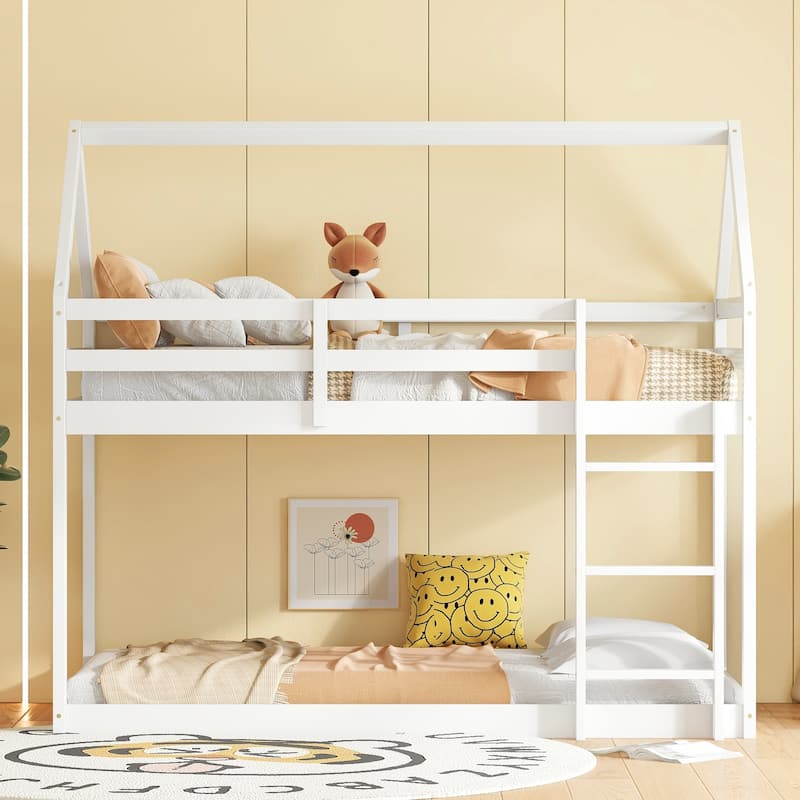 Wooden Twin over Twin Bunk Bed with House Roof, Ladder, Guardrails, and Under-Bed Storage - White - Twin