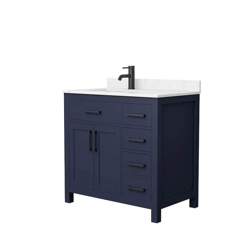 Beckett 36 Inch Single Vanity, Cultured Marble Top - Dark Blue, Black Trim, Carrara Cultured Marble Top