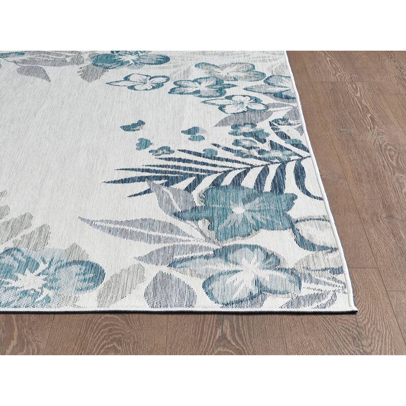 Domani Novarro Coastal Floral Bordered Reversible Indoor / Outdoor Area Rug