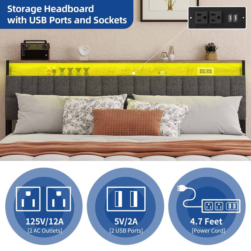 Moasis Rustic Grey Storage Platform Bed Frame with Storage Headboard with Power Outlets and 4 Drawers
