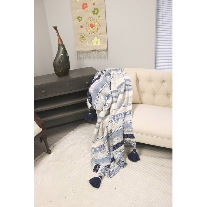 Home&Manor Handcrafted Wool & Cotton Throw Blanket Blue Drift