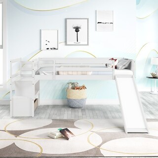 Kids Twin Size Low Loft Bed with Slide, Drawer and Storage Stairway