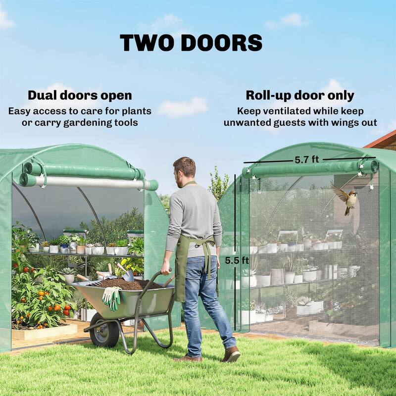 Outsunny 10'x11'x6' Walk-in Tunnel Greenhouse with Shelves, Mesh Door and Windows, Hoop House Greenhouse with PE Cover