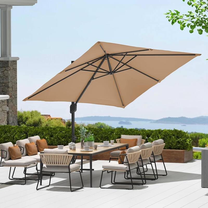 10x10ft 360° Rotation Cantilever Patio Umbrella with Base for Garden - Tan