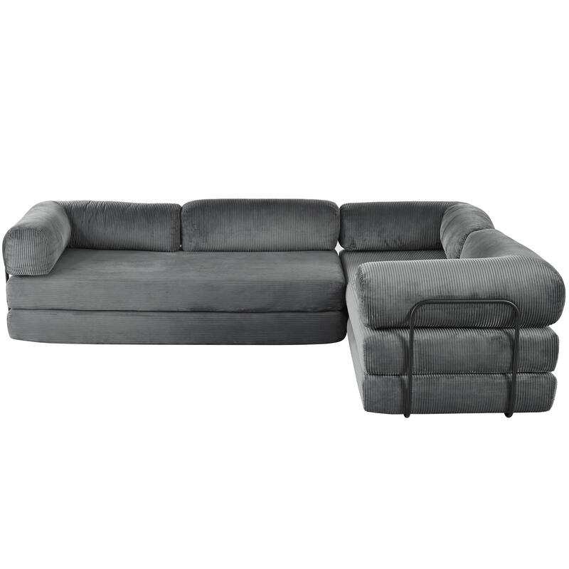 Roomfitters Modern L-Shaped Modular Sofa Bed, Corduroy Convertible Sleeper Sectional Couch with Industrial Metal Frame