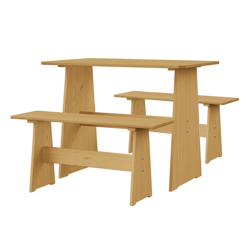 Chapman Farmhouse 3-Piece Solid Pine Wood Dining Set with 2 Benches