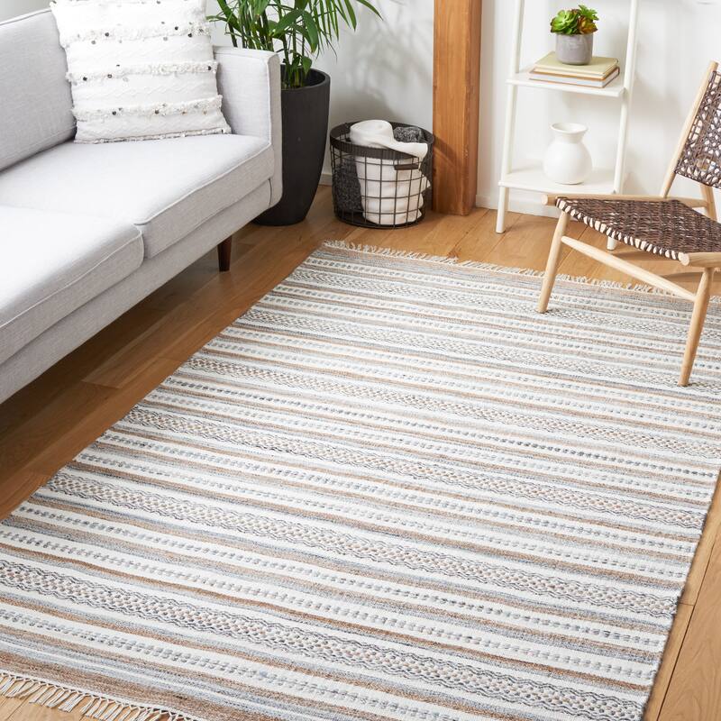 SAFAVIEH Striped Kilim Margitte Boho Fringe Rug - 3' x 5' - Grey/Ivory