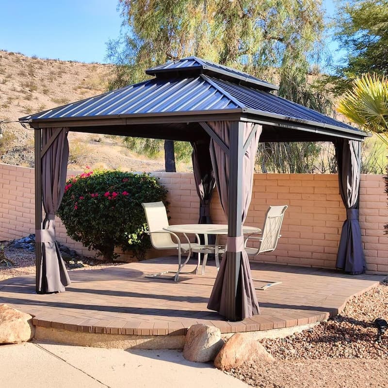 PURPLE LEAF Gazebo Outdoor Gazebo with Dual-Layer Galvanized Steel Double Roof Aluminum Gazebo with Netting and Curtains Grey