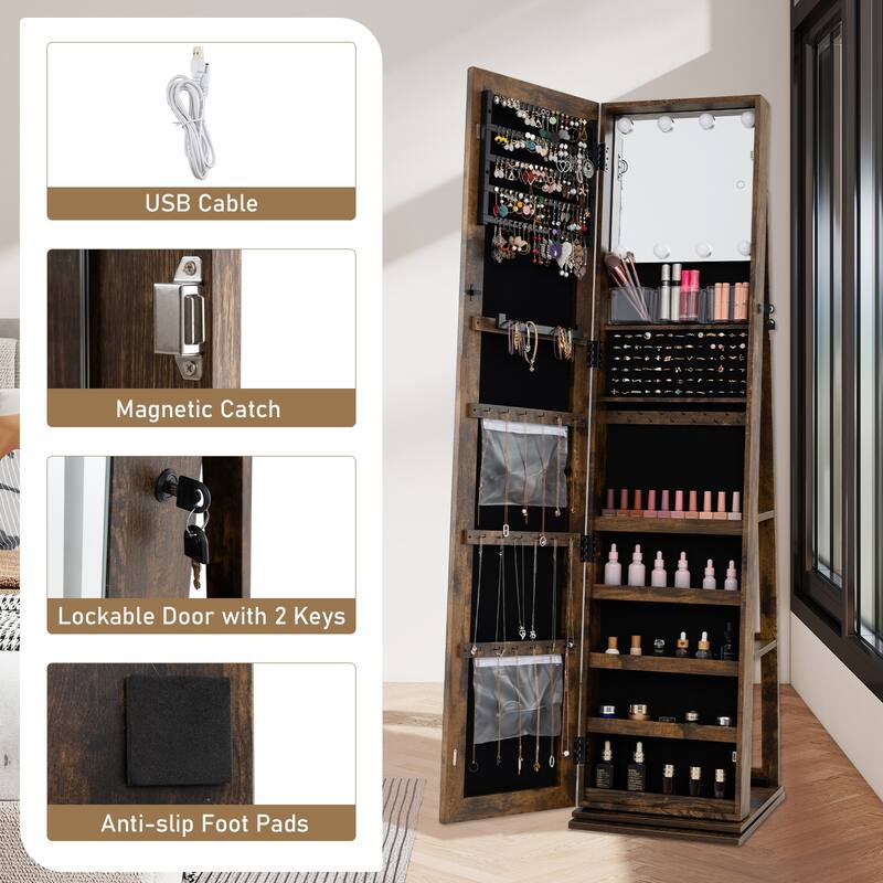 360 Rotating Full Length Mirror Jewelry Cabinet with LED Lights and Ample Storage Shelves - 17" x 15" x 63"
