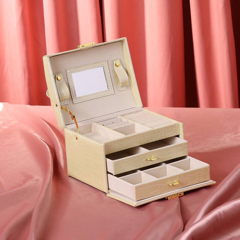 3 Layer Jewelry Box with Mirror for Women Girls Birthday Gifts, PU Leather Jewelry Organizer Storage Holder with Drawer