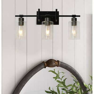 Modern Black 3-Light Cylinder Clear Glass Style Vanity Lamp