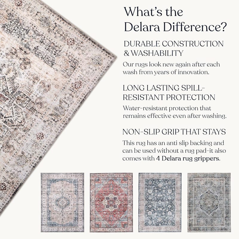 Delara Machine Washable Area Rug, Soft & Durable, Non-Slip Backing, Eco- Friendly GRS certified.