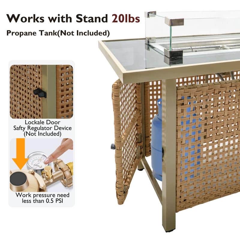 43" Propane Gas Fire Pit Table, 60000 BTU Rectangular Open Weave Wicker Fire Pit with Glass Wind Guard