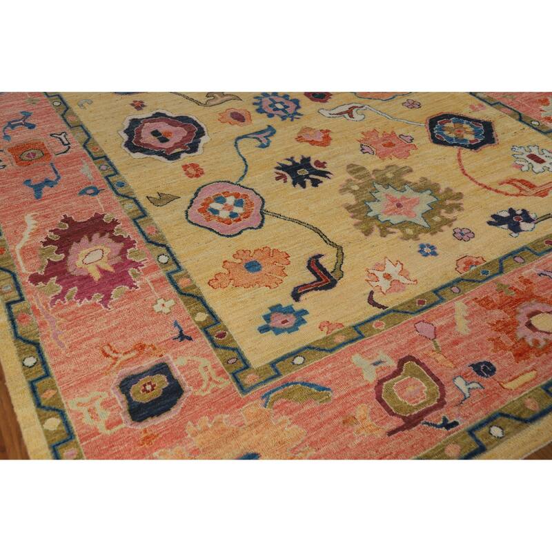 Hand Knotted Oriental 100% Wool Carpet Transitional All-Over Yellow & Gold Oushak Area Rug - 12' 11'' X 8' 11''