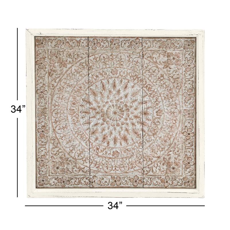 Brown Metal Embossed Mandala Scroll Floral Home Wall Decor with Gray Backing and White Wood Frame
