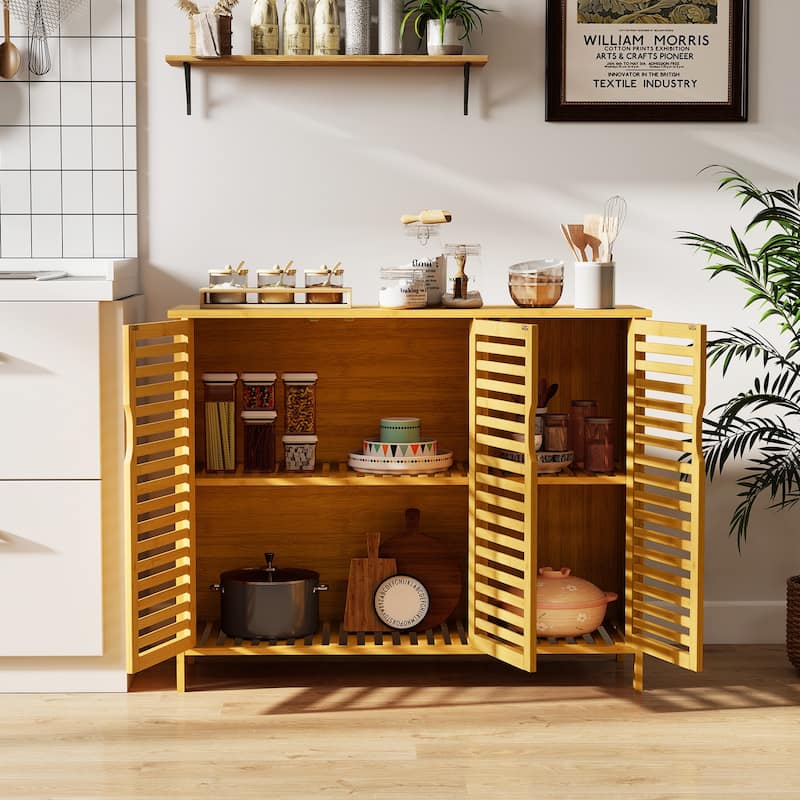 3-Door Natural Wicker Storage Cabinet with Adjustable Shelves for Bathroom, Kitchen or Dining Room - 39.5" x 14" x 31.5"
