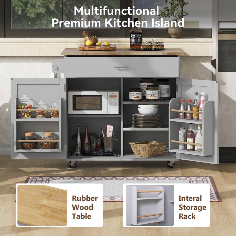Rubberwood Kitchen Cart with Drop Leaf, Internal Storage Rack, Towel Rack and Spacious Divided Drawer