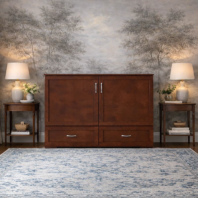 Hamilton Queen Murphy Bed Chest with 6" Mattress, Storage Drawer & Built-In Charger in Walnut