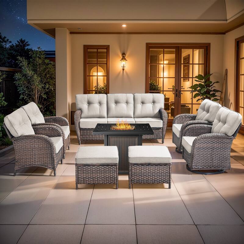 Pocassy Outdoor 30 In Fire Table with Sofa Swivel Patio Chair Set - Brown Wicker Beige Cushion - 8-Piece Patio Sofa Chair Ottoman with Fire Table