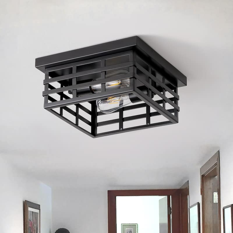 Farmhouse 2-Light Matte Black Square Flush Mount Ceiling Light Fixture - Black