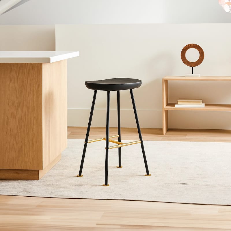 Elira 24" Backless Barstool with Handcrafted Mango Wood Saddle Seat PVD Coating Black Iron Legs Gold Footrest