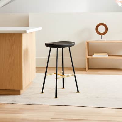 Elira 24" Backless Barstool with Handcrafted Mango Wood Saddle Seat | PVD Coating | Black Iron Legs | Gold Footrest