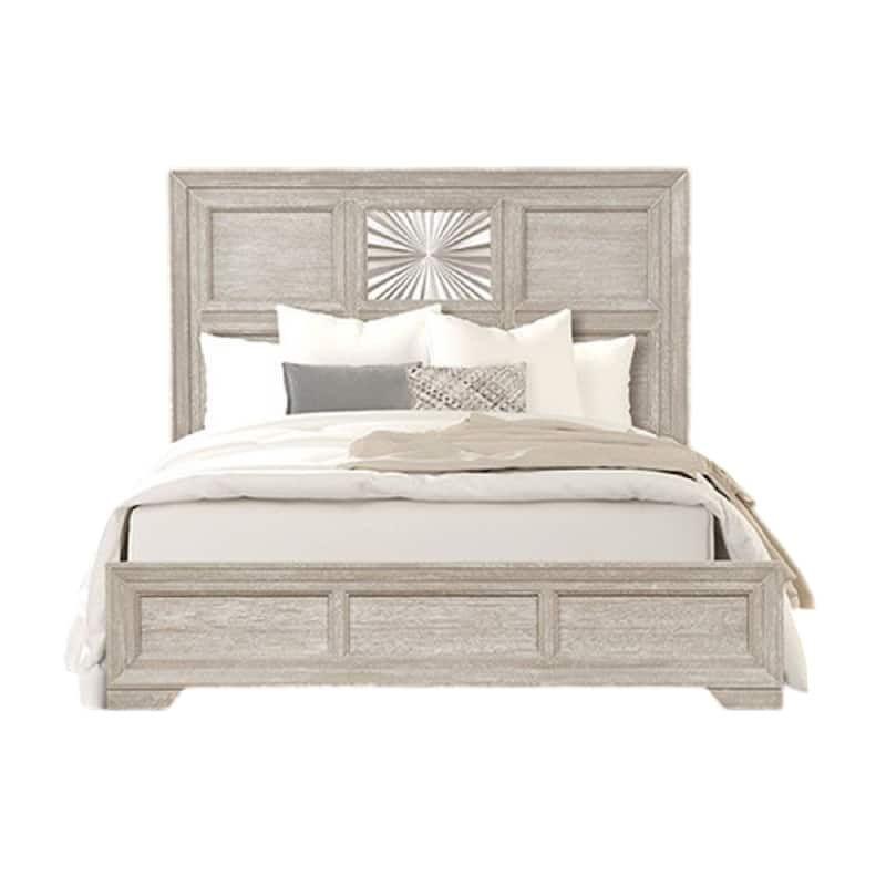 Diaz King Bed, Sunburst Pattern and Recessed Panel, Light Gray Wood