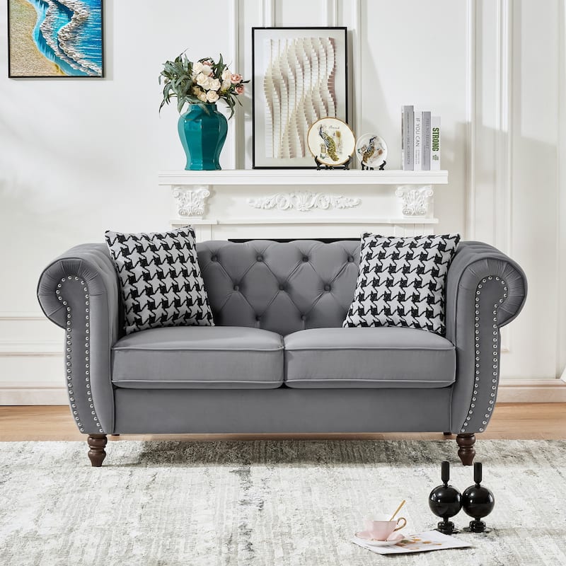 67"Chesterfield ‌velvet upholstery fabric Sofa with Roll Armrest & Nailhead,Upholstered Mid Century Modern Couch,2 Seater Couch - Grey