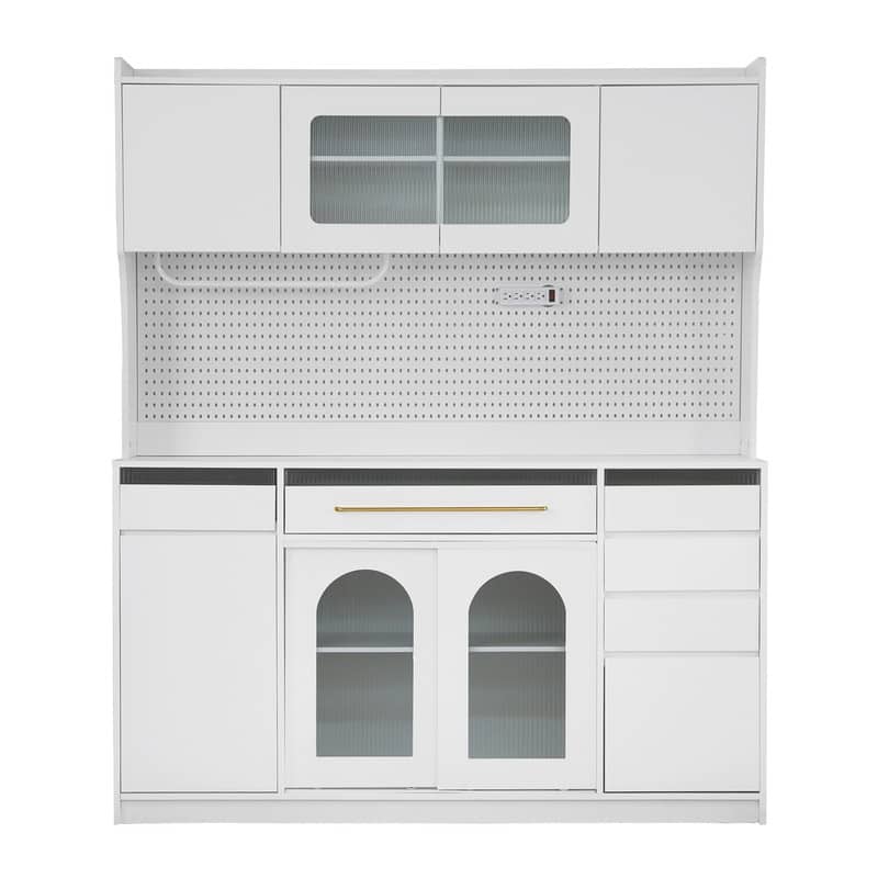63" Buffet Hutch with Coffee Bar – 6 Drawers, 5 Adjustable Cabinets, Pegboard, Towel Rack & Power Outlet - White