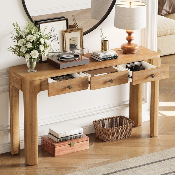 slide 2 of 13, Curved Corners Console Table Entryway Table with 3 Drawers Natural