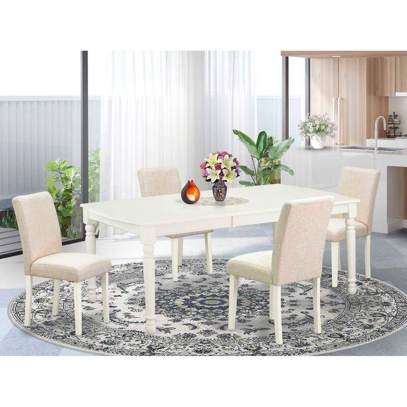 Rectangular Dining Table Set - 5pc Table & 4 Chairs - Linen White Legs - Light Beige Fabric