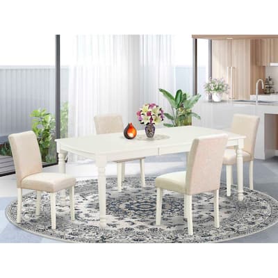 Rectangular Dining Table Set - 5pc Table & 4 Chairs - Linen White Legs - Light Beige Fabric